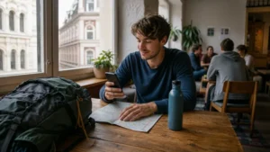Budget traveller using a smartphone in a Vienna hostel