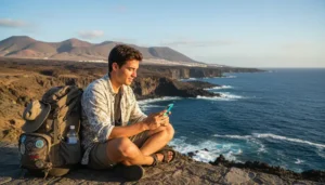 Budget traveler using smartphone internet while exploring the Canary Islands