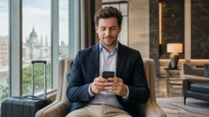Business traveller checking an eSIM connection on a smartphone in Budapest
