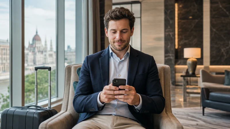 Business traveller checking an eSIM connection on a smartphone in Budapest