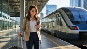 Business traveller checking an eSIM at a Polish railway station.
