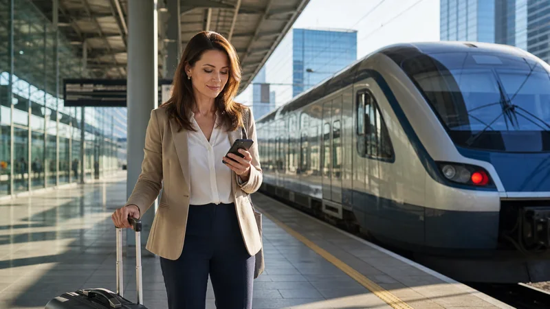 Business traveller checking an eSIM at a Polish railway station.