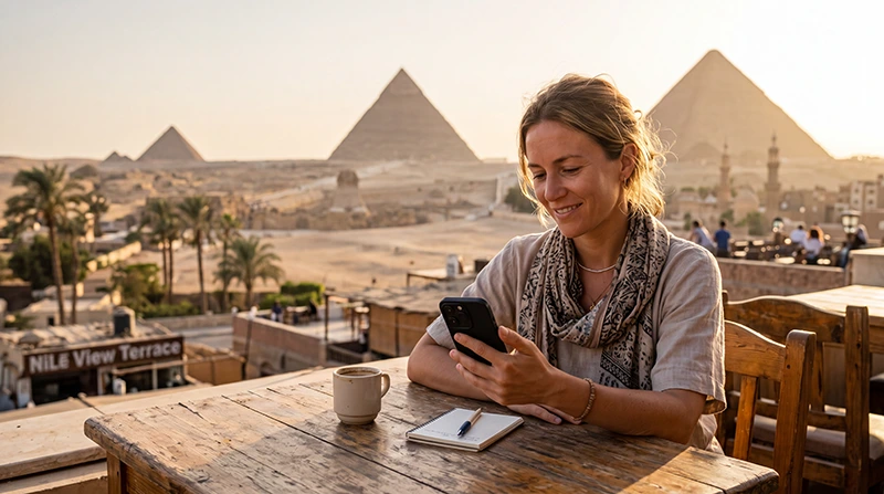Traveler buying an eSIM online before traveling to Egypt