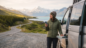 Traveller buying and preparing a New Zealand eSIM before a road trip