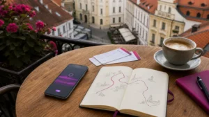 Smartphone and travel notebook on a Bratislava café table before a Slovakia trip.