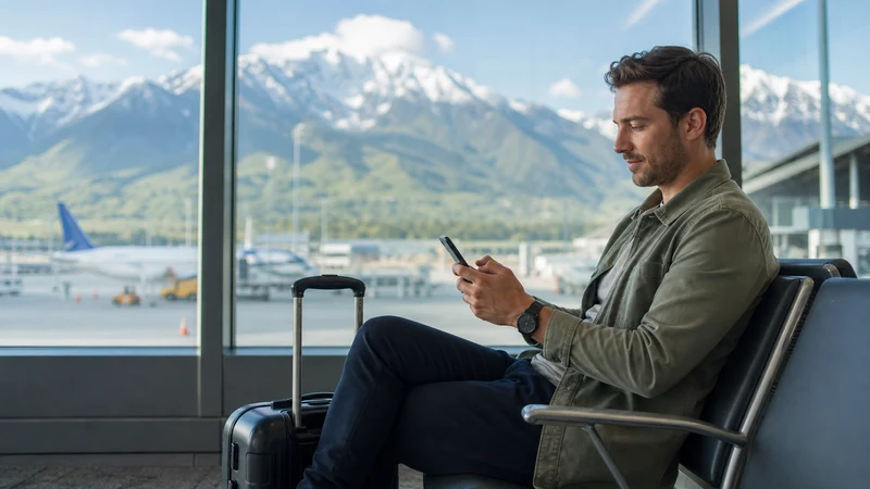 Traveller buying a Slovenia eSIM on a smartphone in an airport departure lounge.