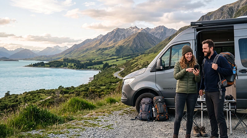CamperMate app for New Zealand road trips with tourists planning a campervan adventure using mobile data