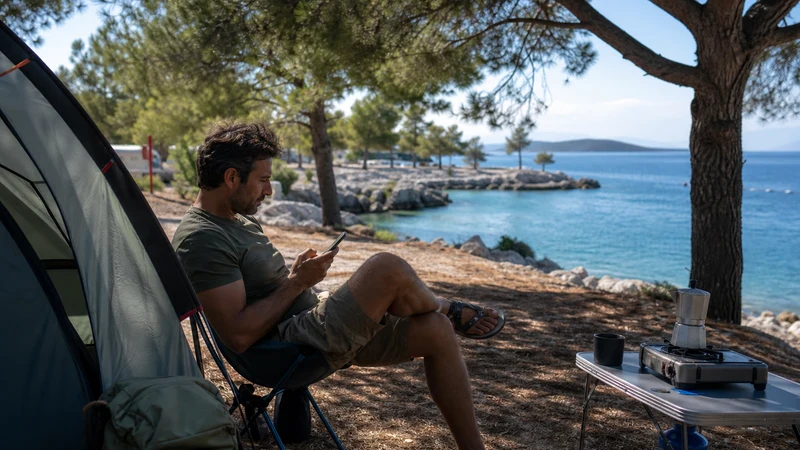 Camper checking mobile data at a designated Croatian campsite.