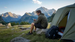 Camper checking a smartphone beside a tent in a designated Slovak mountain campsite.