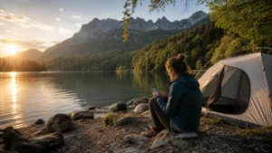 Camper using a smartphone beside a tent on the shore of Lake Bohinj.