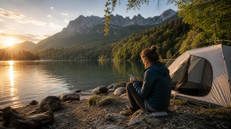 Camper using a smartphone beside a tent on the shore of Lake Bohinj.