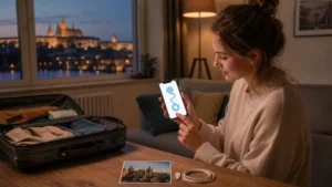Traveller preparing a Czech Republic eSIM beside a packed suitcase.
