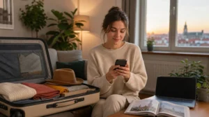Traveller installing a Poland eSIM at home beside a packed suitcase.