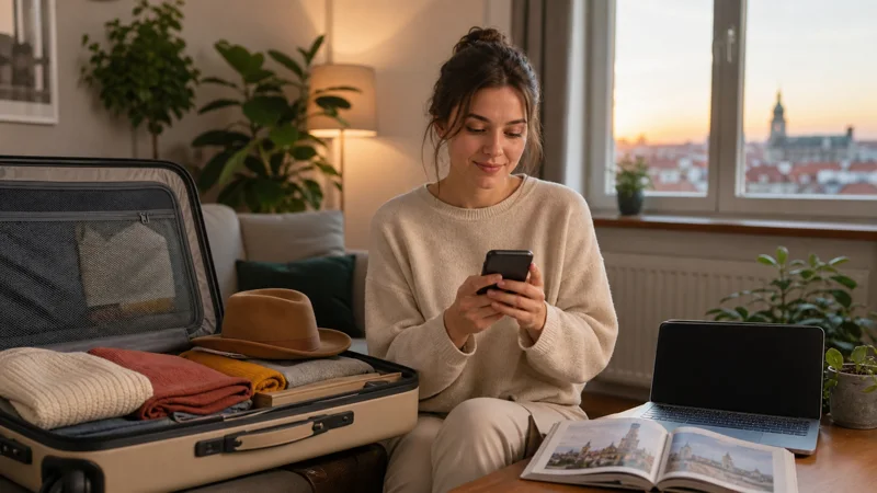 Traveller installing a Poland eSIM at home beside a packed suitcase.