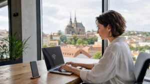 Traveller using a Czech Republic eSIM hotspot in a Brno coworking space.