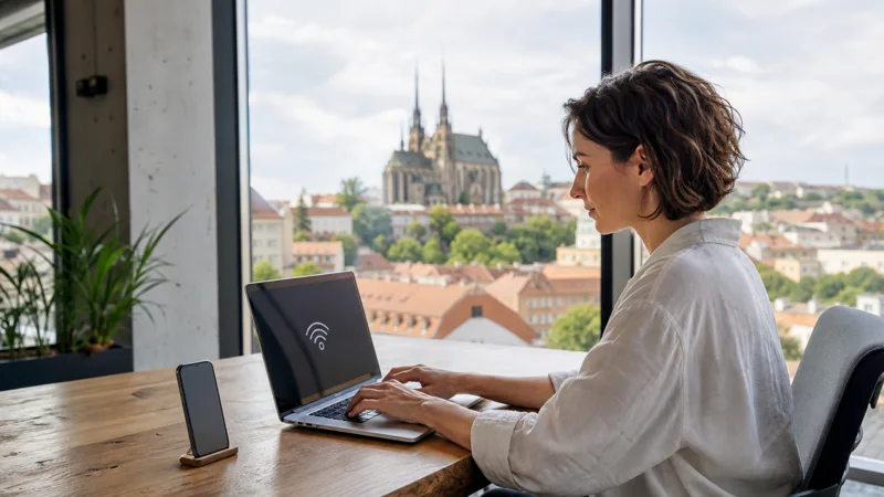 Traveller using a Czech Republic eSIM hotspot in a Brno coworking space.