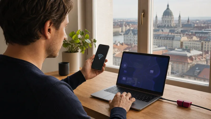 Remote worker sharing Hungary eSIM data with a laptop hotspot