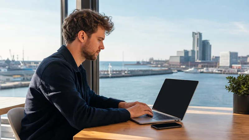Traveller using a Poland eSIM hotspot with a laptop in Gdynia.