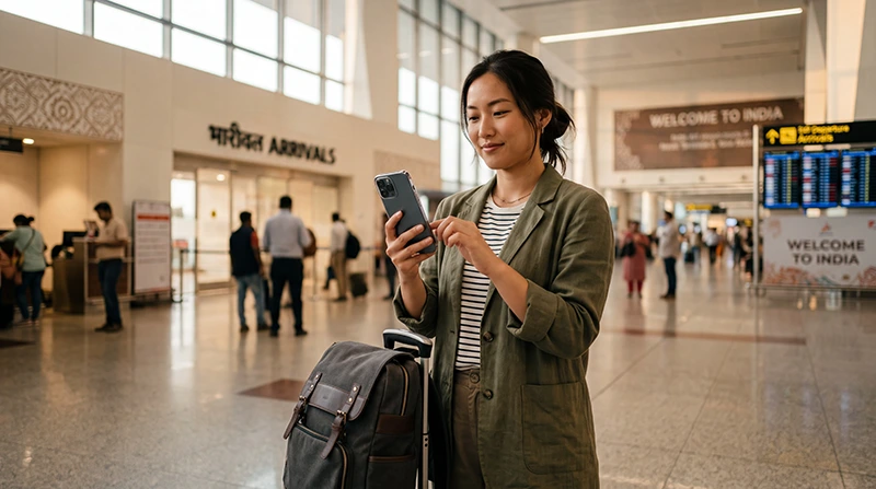 International tourist buying and installing an eSIM for travel in India