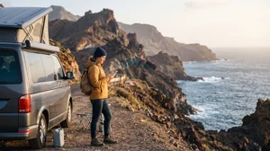 Campervan traveller using mobile internet with smartphone while exploring the Canary Islands