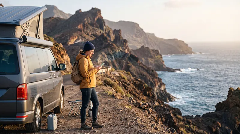 Campervan traveller using mobile internet with smartphone while exploring the Canary Islands