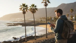Traveller installing a Canary Islands eSIM on an iPhone before a trip