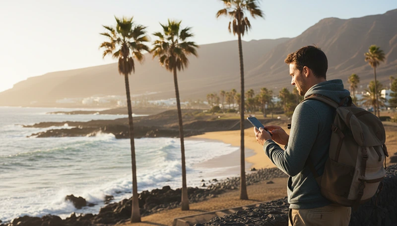 Traveller installing a Canary Islands eSIM on an iPhone before a trip