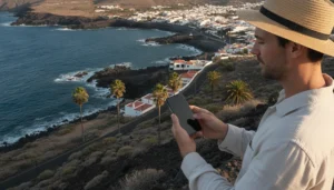 Traveller checking an eSIM network connection on a smartphone in the Canary Islands