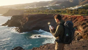 Traveller using smartphone with mobile internet while exploring the Canary Islands