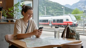 Budget traveller comparing cheap internet options in Austria