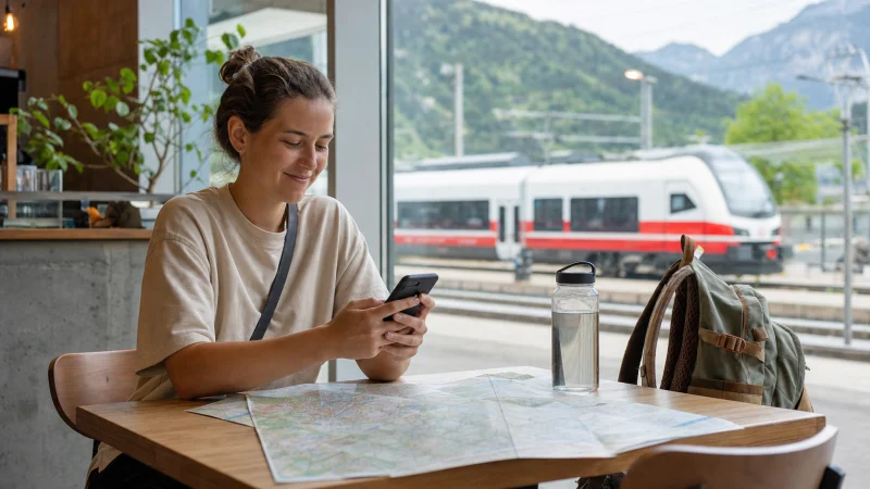 Budget traveller comparing cheap internet options in Austria