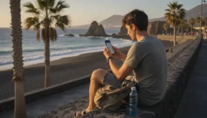 Traveller using affordable mobile internet on smartphone while visiting the Canary Islands