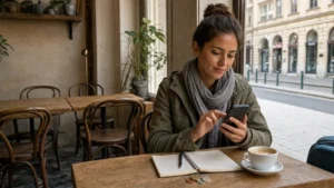 Budget traveller comparing internet options on a smartphone in Hungary