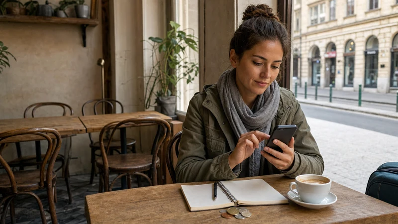 Budget traveller comparing internet options on a smartphone in Hungary