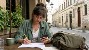Budget traveller comparing internet costs at a café in Poland.