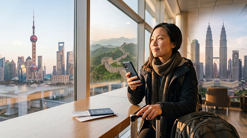 Traveler using an eSIM while visiting both China and Malaysia