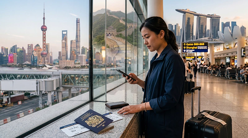 Traveler using an eSIM while visiting both China and Singapore
