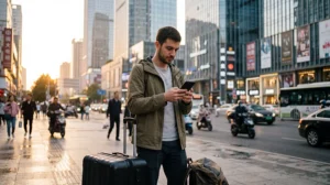 Traveler using mobile data in China with an eSIM