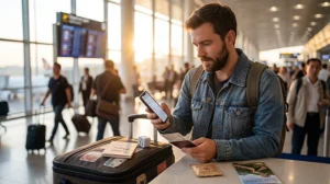 Tourist checking roaming charges before traveling to China