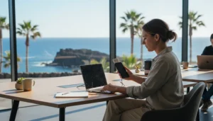Remote worker using laptop and mobile internet in a coworking space in the Canary Islands