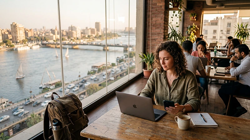 Remote worker using mobile internet in a coworking space in Egypt