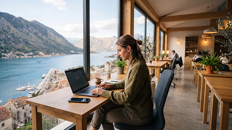 Remote worker using mobile internet in a coworking space in Montenegro