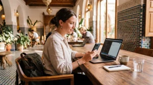 Remote worker using mobile internet in a coworking space in Morocco