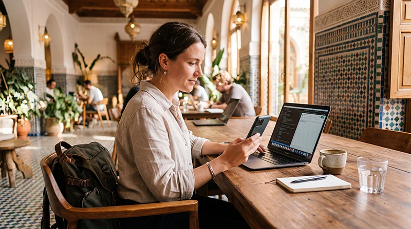 Remote worker using mobile internet in a coworking space in Morocco