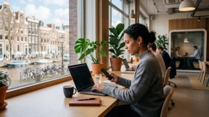 Remote worker using mobile internet in a coworking space in the Netherlands