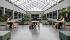 Remote workers using coworking internet and mobile data in a modern shared workspace in New Zealand