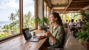 Digital nomad working from a coworking space in Sri Lanka using a travel eSIM