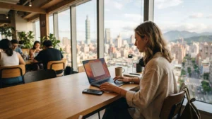 Digital nomad working in a Taiwan coworking space with reliable internet connection