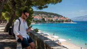 Beach holiday traveller using a phone beside the Croatian Adriatic.
