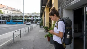 Budget traveller checking transport details near a Zagreb hostel.